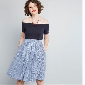 MODCLOTH Off-the-Shoulder Blue Pleated Poofy A-Line Dress